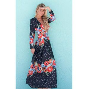 Boho Dress Plunging Neck Long Sleeve Gypsy Floral Size Medium